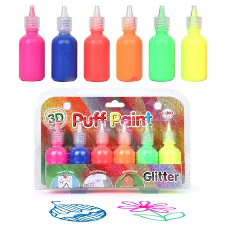

Playkidiz 3-D Art Glitter Puff Paint For Kids 6 Pack Color Pack Squeeze Paint Non Toxic Puff Paint Set Washable Fabric Paint Classic Colors Ages 3+