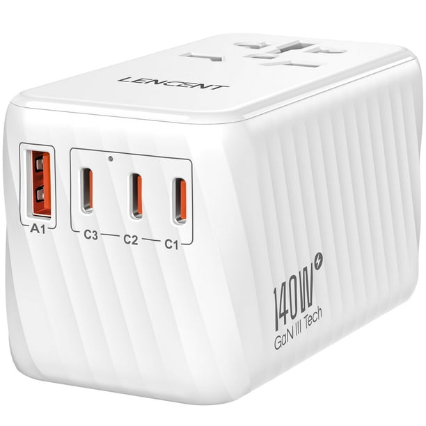 Adaptador de viaje LENCENT Cargador rápido universal GaN de 140 W, blanco