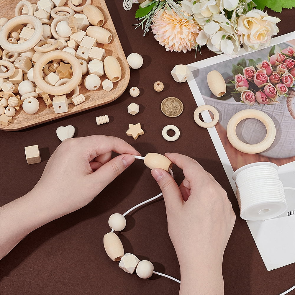 300pcs 8 Shapes Wooden Beads 12~56mm Unfinished Wood Beads Craft Beads Natural Wooden Spacer Beads with 2mm White Waxed Cord