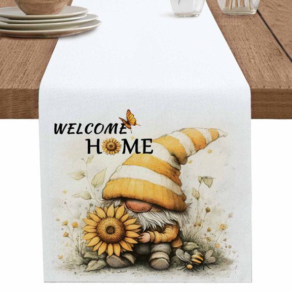 nqOlkjepod Yellow Gnomes Table Runner 36 Inches Long Farmhouse Dress Scarves, Sunflower Bee Pastoral Botanical Retro Dining Tablerunner for Coffee Table/Kitchen Island/Party Décor, Small 13" x 36"