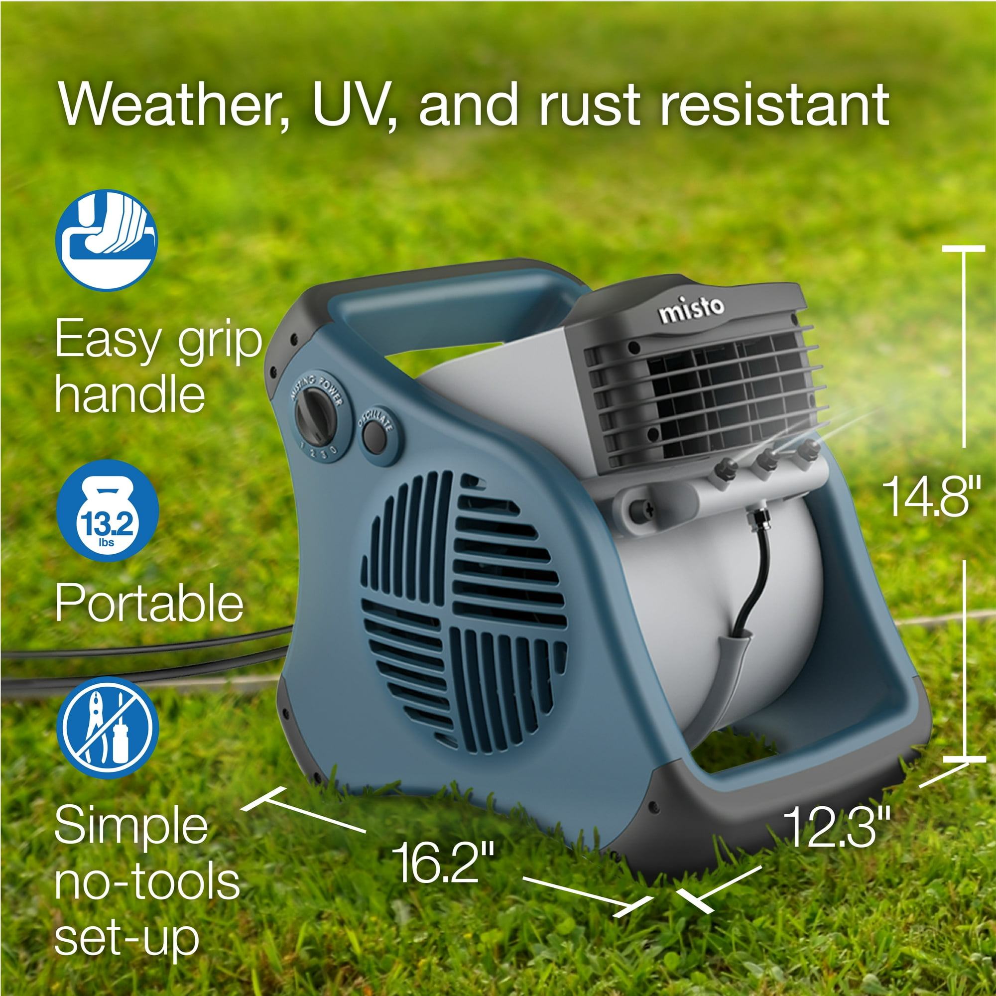 Lasko 15 inch Pivoting Misto Outdoor Misting Fan with GFCI Cord and 3 Speeds, 7054, Blue and Gray