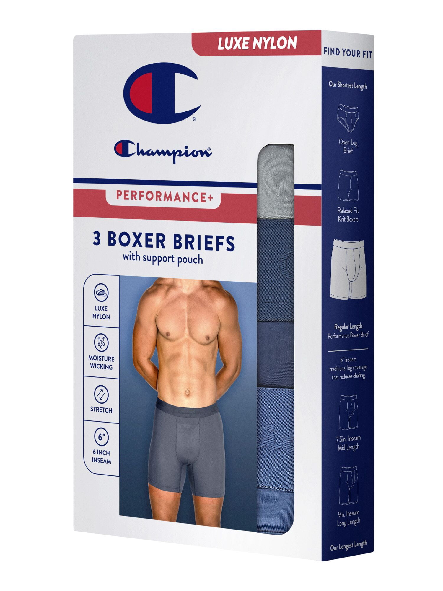 Champion Men’s Boxer Briefs – 3 Pack Performance+ Underwear, Flexible Fit, Moisture-Wicking, Sizes S–2XL