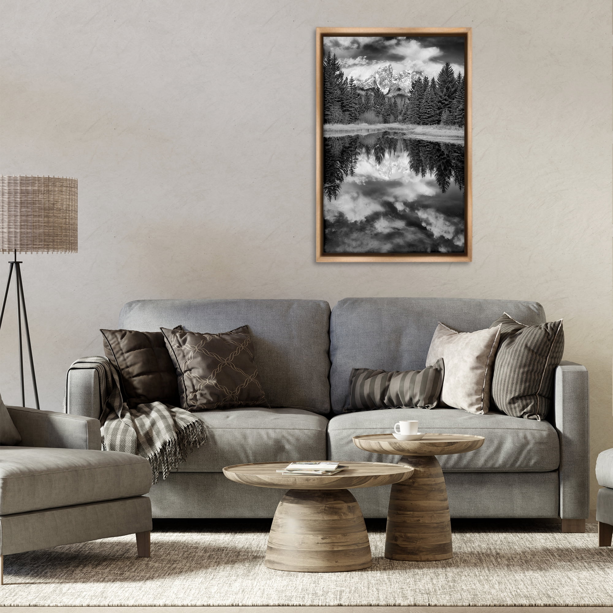 Stupell Industries Black & White Forest Reflection Landscape & Nature Photography Brown Floater Framed Canvas Art Print Wall Art, 21 x 31