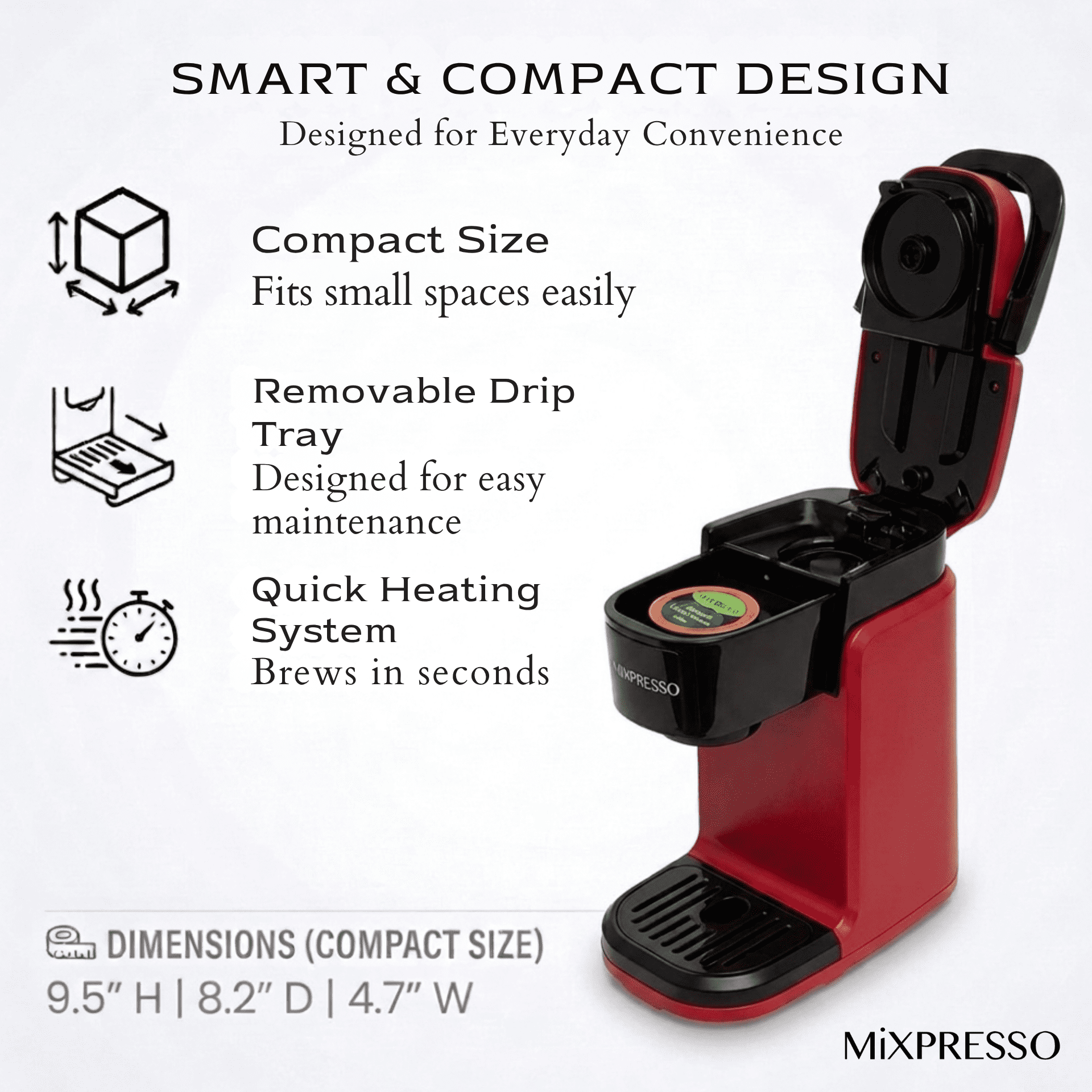 Mixpresso Single Cup Coffee Maker, Personal Single Serve Coffee Brewer Machine, Compatible with Single-Cups, Quick Brew Technology, One Touch Function Red Coffee Maker, 12oz One Cup Coffee Maker