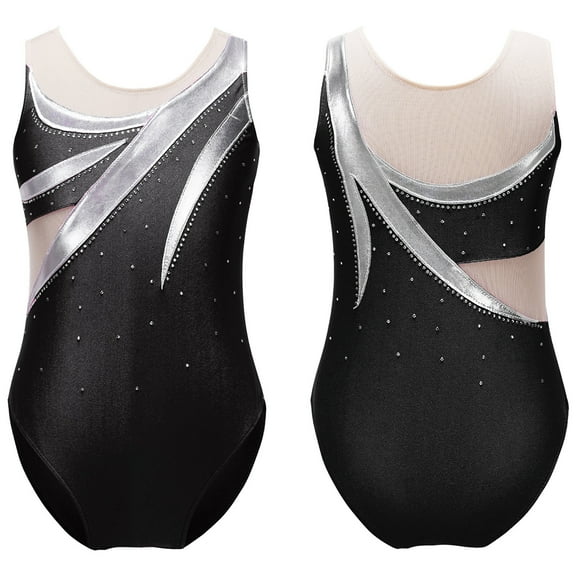 DPOIS Kid Girls One Piece Ballet Dance Gymnastic Leotard Shiny Unitards Bodysuit Black 10
