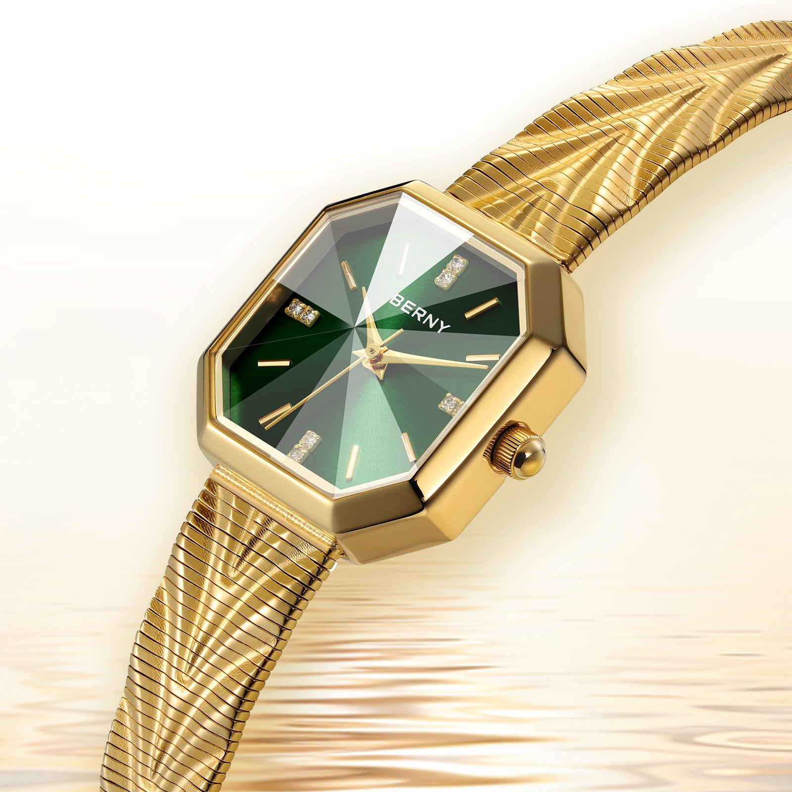 BERNY Small Gold Watches for Women, Dainty Luxury Diamond Dial, Stainless Steel Bracelet Watch, Fashion Ladies Analog Quartz Watch, Minimalist Waterproof Womens Wristwatch Gifts (Green)