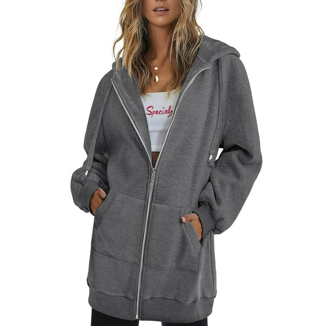 Innerwin Sweatshirts à Capuche Zippés pour Femmes Sweat à Capuche Automne Couleur Unie Chaud Gris L