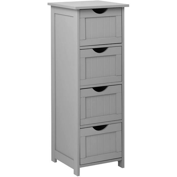 Skinny Bathroom Floor Storage Cabinet, 12 Inch Wide Deep Small Storage Organizer with 4 Drawers, Wooden Modern Grey Thin Free Standing Tower Cabinet w/ 4 Cute Drawers for Bathroom, Living Room