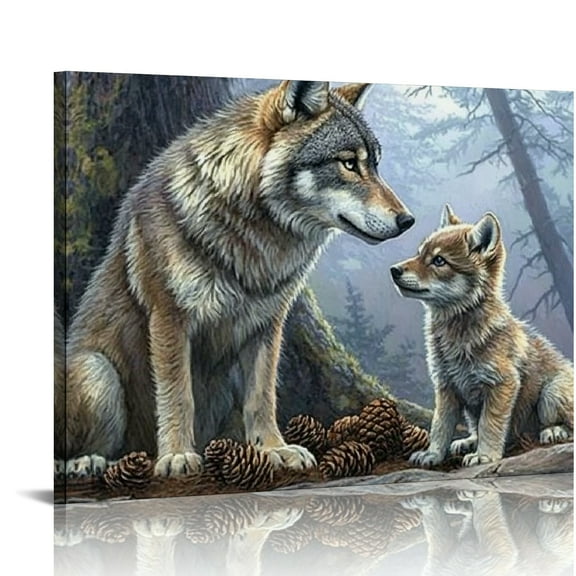 Autua Wolf and cub woodland canvas wall art for living room bedroom dorm bathroom décor 20x16in