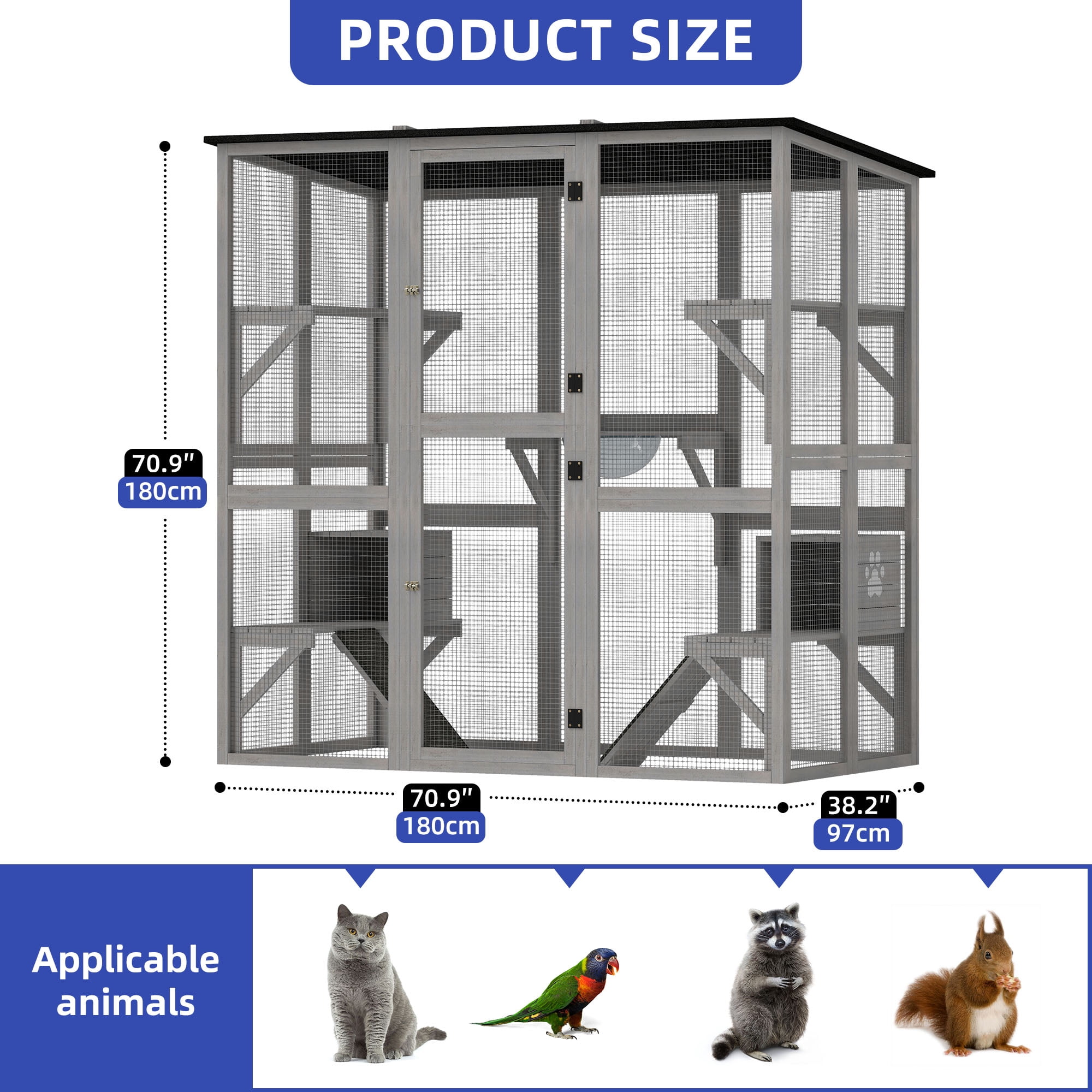 ModFusion 71" Weatherproof Wooden Cat Cage with 5 Platforms & 2 Cozy Houses – Durable Indoor/Outdoor Cat Enclosure with Sisal Stairs & Asphalt Roof