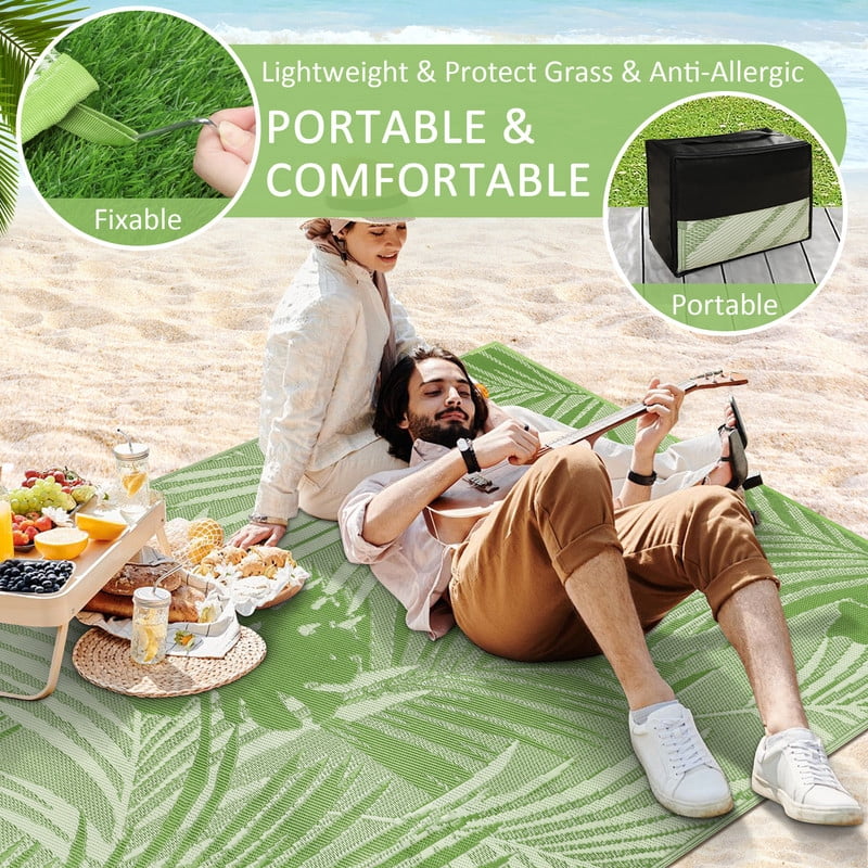 Aonewoe Outdoor Rug 9x12 Waterproof Reversible Plastic Straw Camping Rugs for Outside RV, Indoor Outdoor Area Rugs for Patio,Deck,Porch,Balcony, Light Green & White