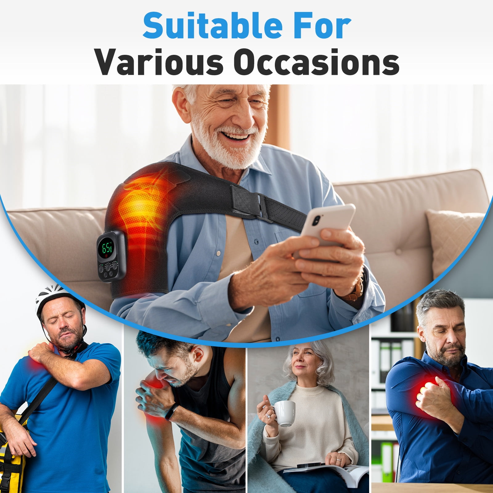 Heated Shoulder Massager, Heating Shoulder Pad with 8 Modes, 3 Speed Vibration, 6 Heat Levels, App Control, Detachable Controller, 5000mAh Battery, Portable for Shoulder Relaxation
