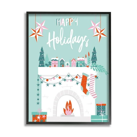Happy Holidays Festive Mantle Stockings Holiday Graphic Art Black Framed Art Print Wall Art