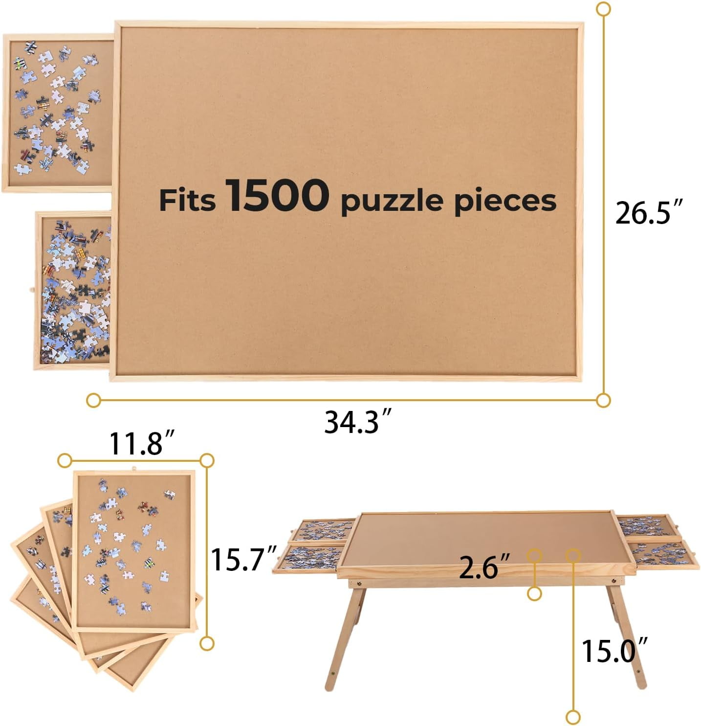 G TALECO GEAR Jigsaw Puzzle Table with Drawers, Legs and Cover, Wooden Puzzle Board for Adults 1500 Pieces, Puzzles Accessories, 34.3 "x 26.5"