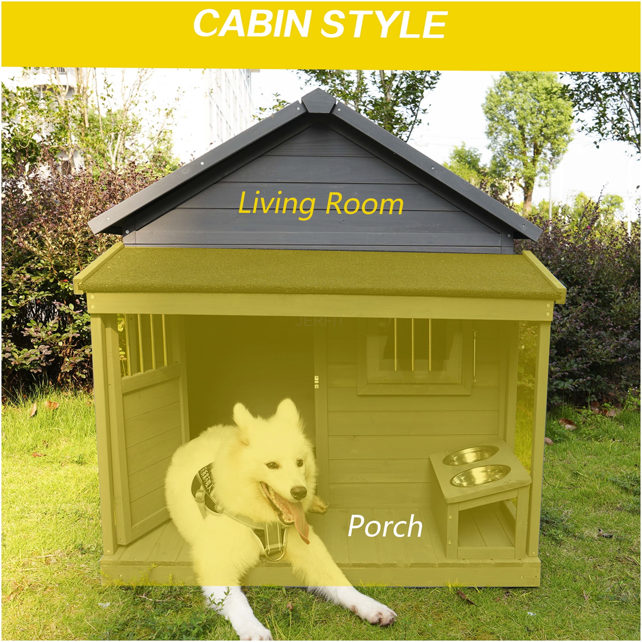 JERFIT Extra Large Dog House with Lockable Door & Porch, 44" Wooden Outdoor Kennel with Asphalt Roof, Weatherproof for Big Dogs up to 80lbs, Gray