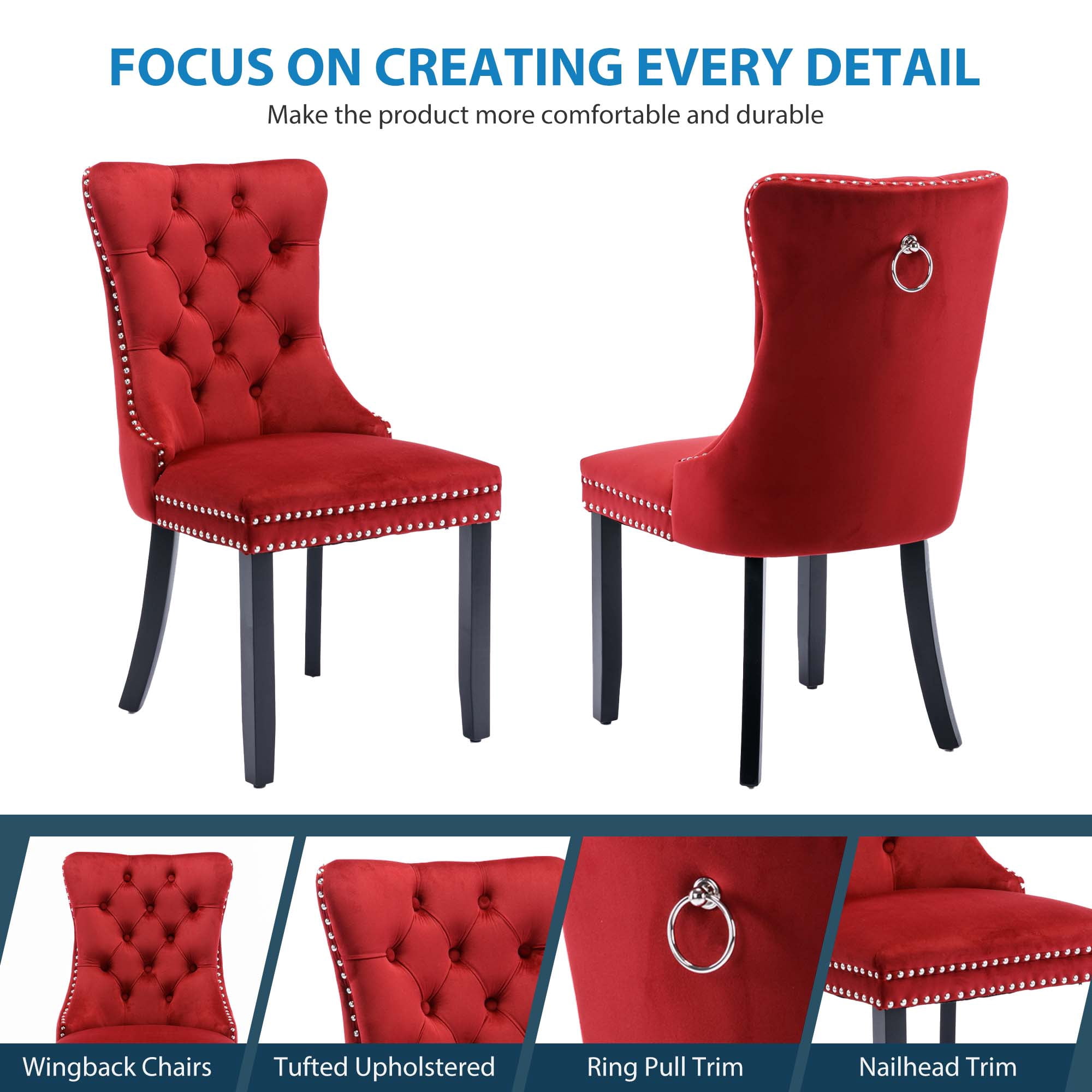 Aukfa High-End Upholstered Dining Chairs Set of 2, Modern Tufted Solid Wood Side Chair with Nailhead Trim - Red