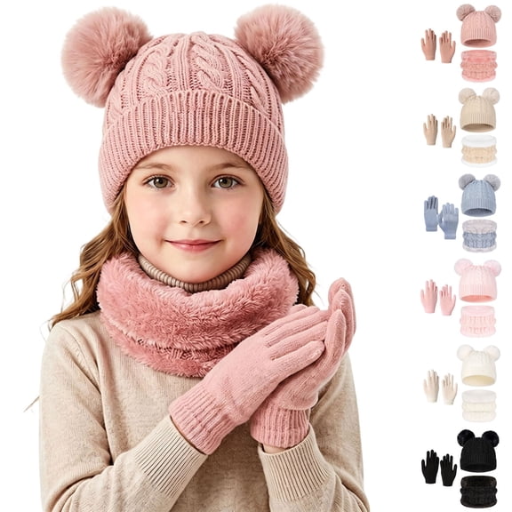 YUANxueke Boys Girls Winter Outdoor 3 Piece Sets Warm Pompom Beanie Hat & Fleece Thick Neck Warmer & Gloves Windproof Thermal Outwear
