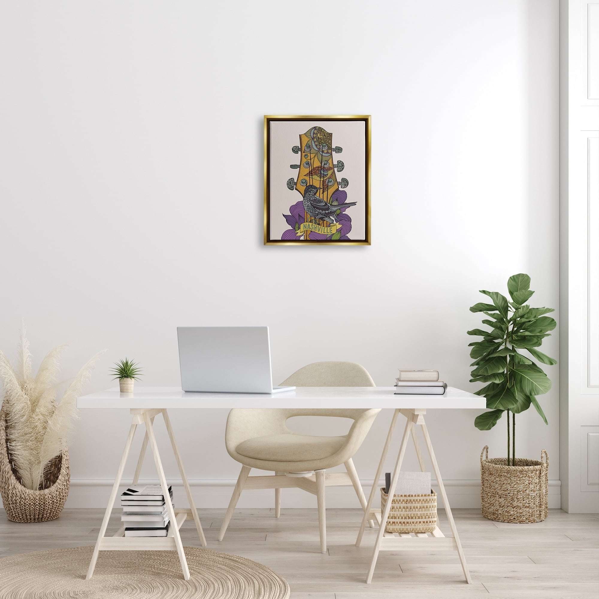 Stupell Industries Intricate Nashville Guitar Floral Patterned Bird Perched Graphic Art Metallic Gold Floating Framed Canvas Print Wall Art, Design by Valentina Harper