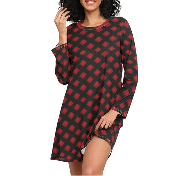 joogoo Red Checkered Black Women's Long Sleeve Nightgown Sleepwear L