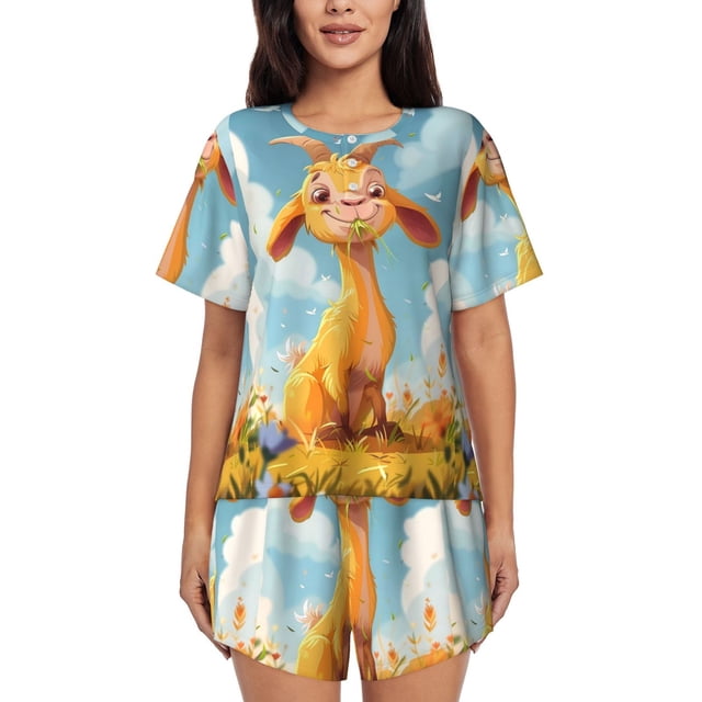 Xecao Happy Goat In Meadow Pattern Women's Short Sleeve Pajama Set Soft Sleepwear Lounge Set with Button Front Top and Drawstring Shorts with Pockets-Small