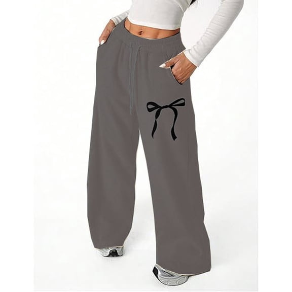 Womens Bow Sweatpants Wide Leg Straight Cut Baggy Casual Pants with Drawstring Waist for Everyday Wear 2026 Dark Gray S