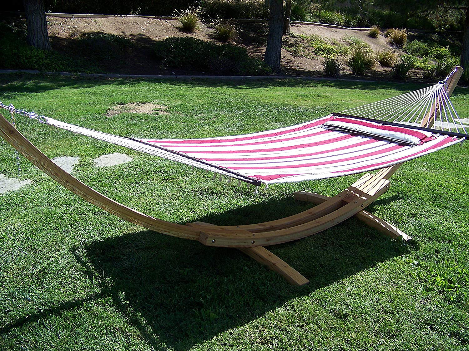 Deluxe Wood Arc Two Person Adult Wood Hammock Stand Brown Rope Hammock Set 