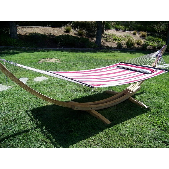 Petra Leisure 14 Ft. Natural Stain Wooden Arc Hammock Stand Deluxe Quilted Elegant Red Stripe, Double Padded Hammock Bed w/Pillow. 2 Person Bed. 450 LB Capacity