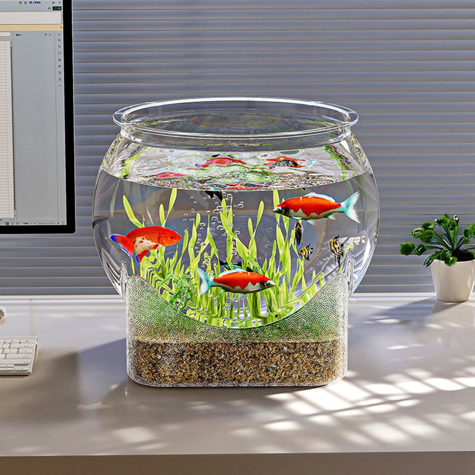Koiauber Clear Fish Bowl for Betta Fish Golden Fish Turtle Plastic Betta Fish Tank Desktop Round PET Aquarium