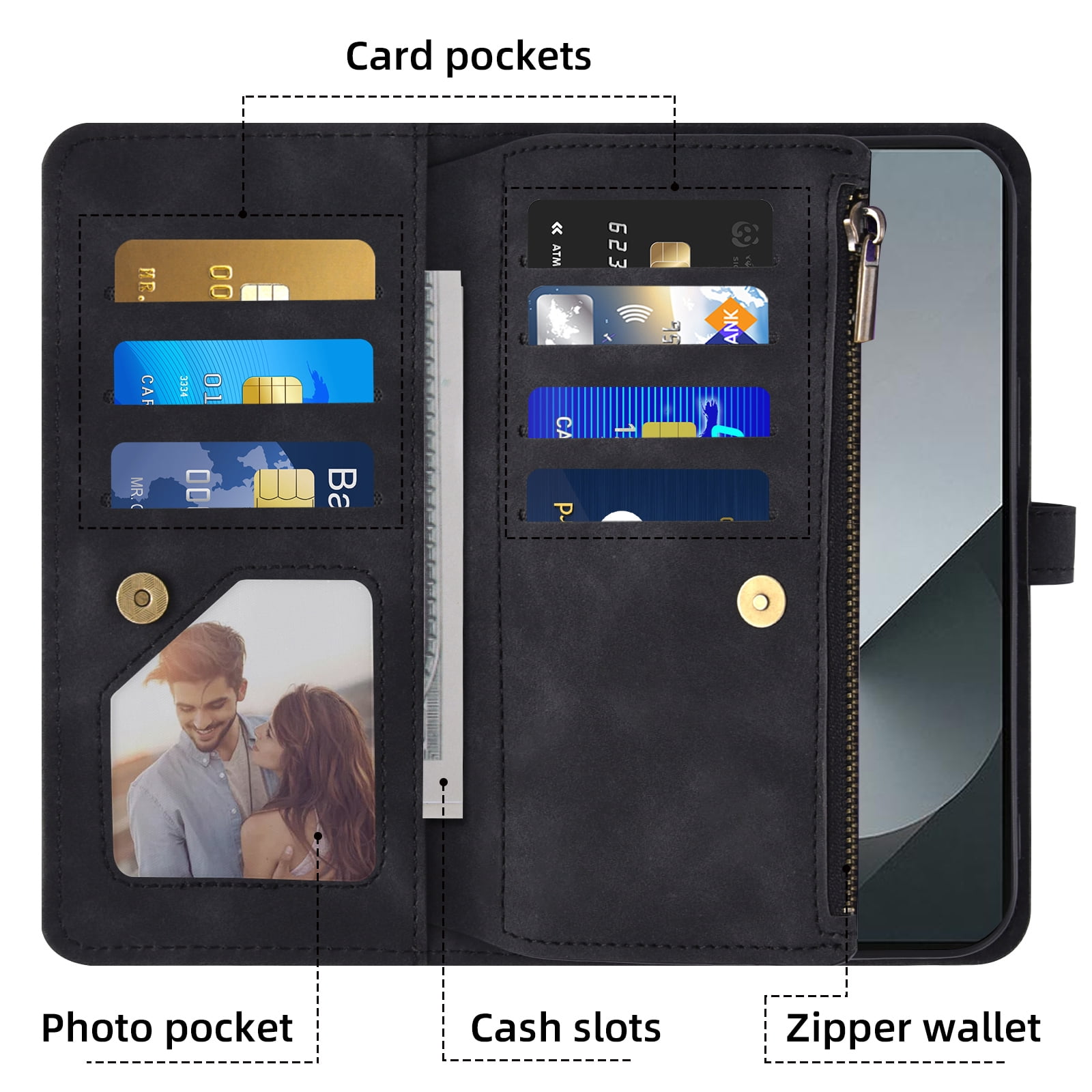 Asuwish Phone Case for Samsung Galaxy Z Fold 6 5G 2024 Wallet Cover Crossbody Wrist Strap Flip Pattern Zipper Card Holder Cell ZFold6 Z6 G Fold6 ZFold 6Z Men Black