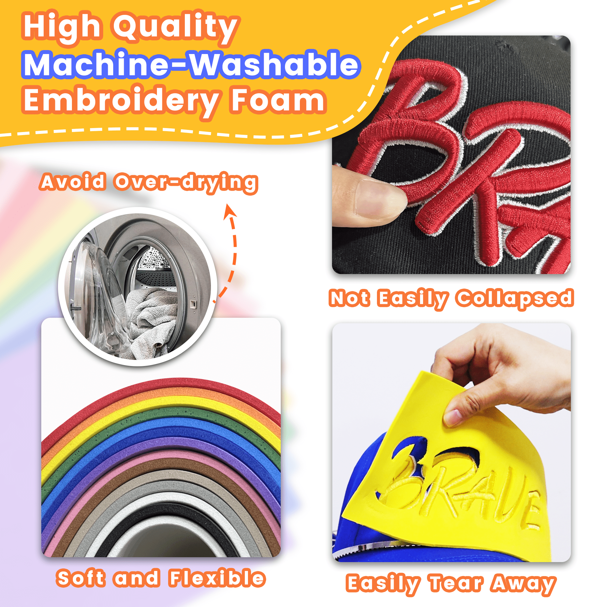 New brothread - 6 white | 6-Pack Embroidery Puff Foam Sheets 9"x12" | 3MM Thick for 3D Raised Embroidery on Hats, Apparel, Jackets, Bags & Accessories | Assorted Colors