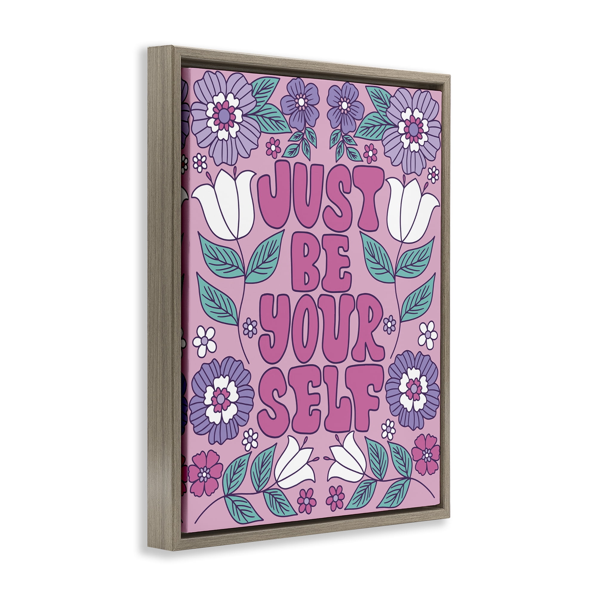 Stupell Industries Retro Floral Be Yourself Plants & Flowers Painting Brown Floater Framed Canvas Art Print Wall Art, 25 x 31