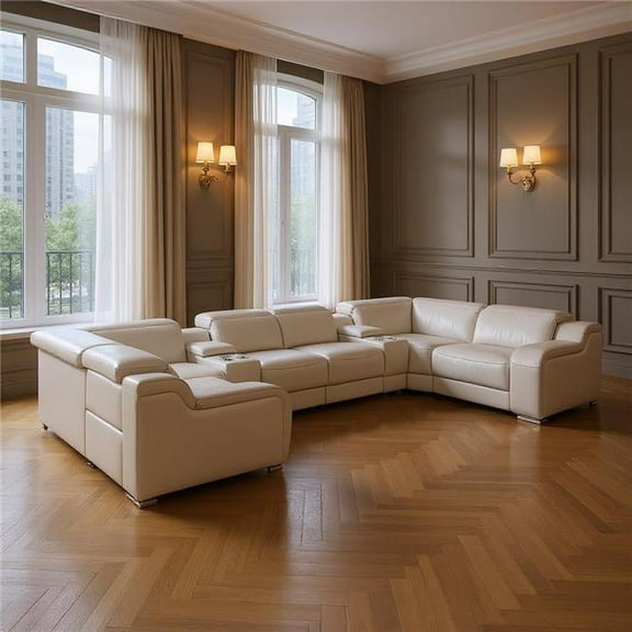 HomeRoots 632559 Light Gray Italian Leather Power Reclining U Shaped 8 Piece Corner Sectional with Console