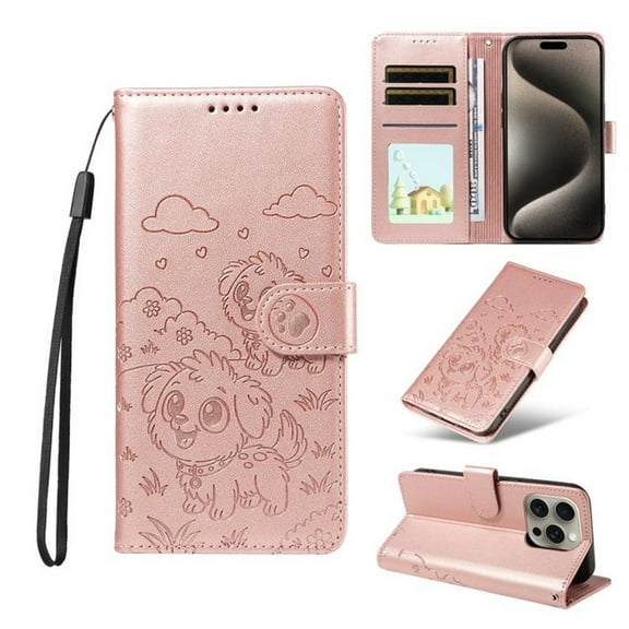 For iPhone 13 Pro Max Litter Dog Embossing Leather Phone Case with RFID Blocking Card Slot Wallet Magnetic Clasp Lanyard Flip Stand Case,Pink,For iPhone 13 Pro Max