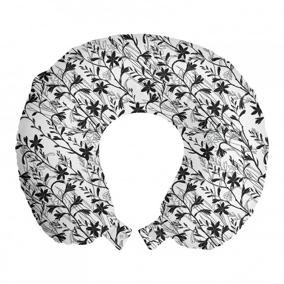 Floral Travel Pillow Neck Rest, Blooming Flora Wild Herbs Montbretia Silhouettes in Monotone Layout, Memory Foam Traveling Accessory Airplane and Car, 12", Charcoal Grey and White, by Ambesonne