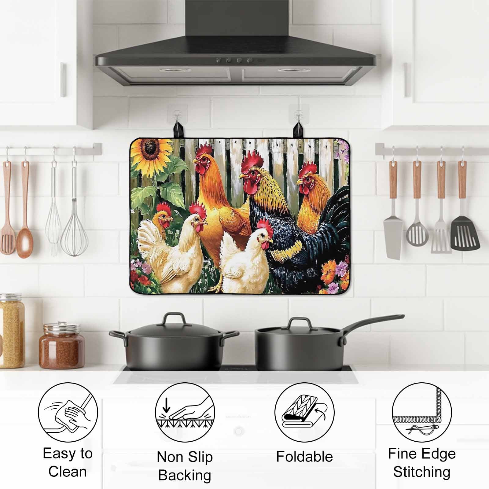 Retro Rooster Stove Top Cover for Electric Stove, Heat-proof & Non Slip Glass Top Stove Cover Protector, Farmhouse Watercolor Animals Floral Kitchen Flat Cooktop Rubber Mat 24x21 Inches