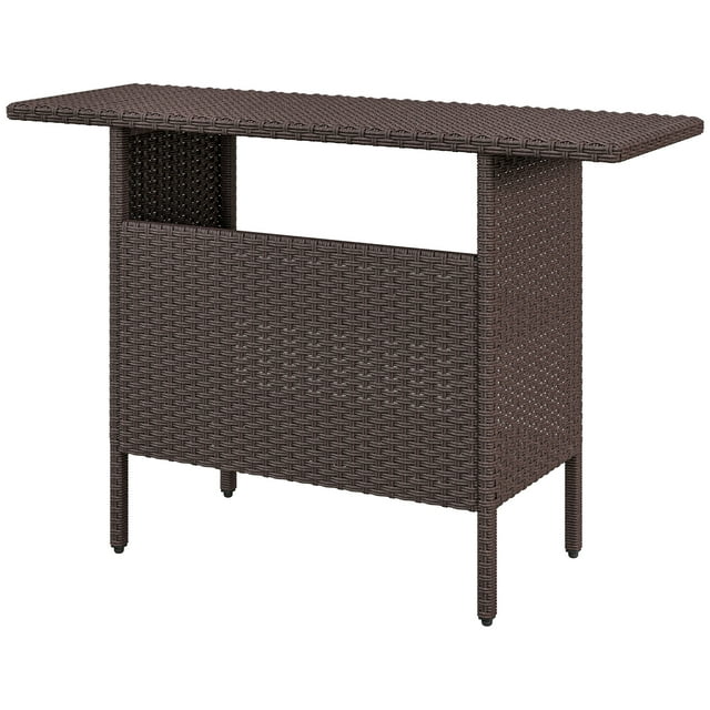 CoSoTower Bar Height Outdoor Rattan Table, Patio Wicker Bar Table with 2 Storage Shelves, 55.1" x 18.5" x 37", Brown