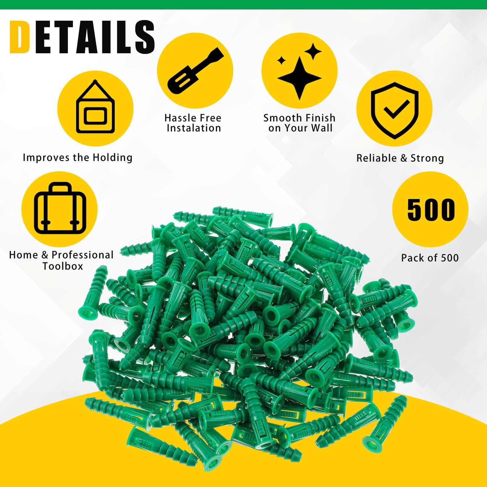 500 Pcs #4-6-8 x 7/8 Inch Ribbed Lightweight Plastic Anchors Drywall Anchors for Hollow Walls Pictures Artwork Decor Light Duty Anchoring Application (Yellow)
