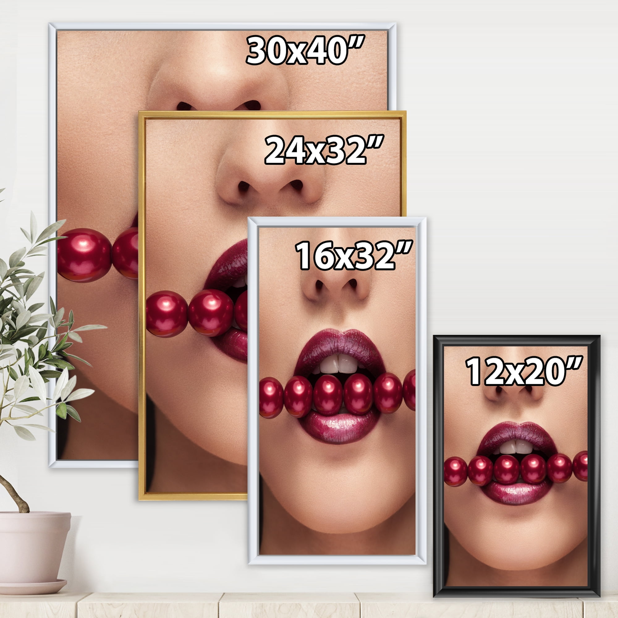 Designart 'Girl With Red Pearls In Mouth In A Sensual Pose' Modern Framed Canvas Wall Art Print