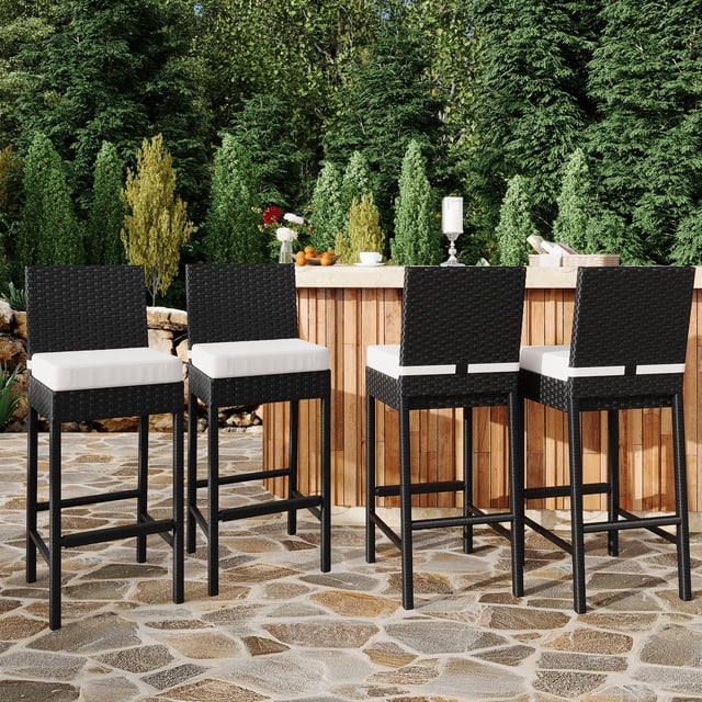 Patio Wicker Barstools with Cushions, Outdoor Wicker Bar Stools Set of 4, Outdoor Rattan Bar Height Stool Set Armless for Backyard, Poolside
