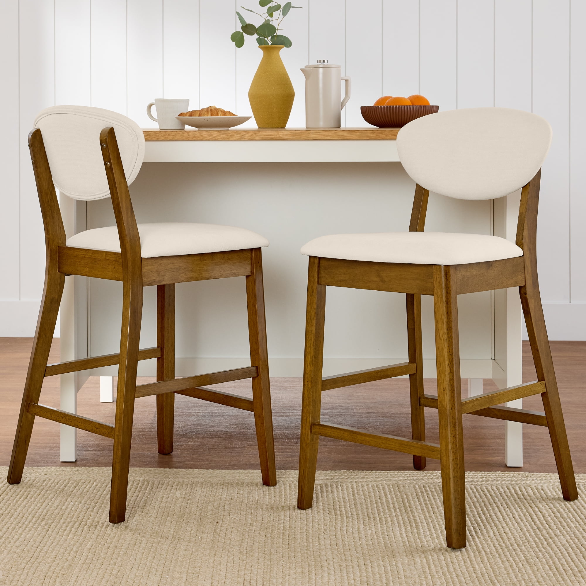 Best Choice Products Set of 2 Counter-Height Bar Stools, Armless W/Upholstered Seat Cushion & Backrest - Walnut/Cream