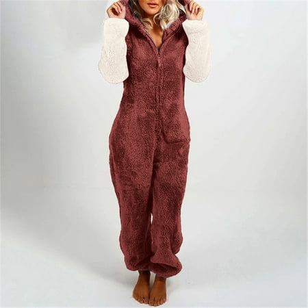 

Forestyashe Womens Tops Dressy Casual Artificial Wool Pajamas Solid Color Zipper Loose Hooded Jumpsuit Pajamas Winter Warm Rompe Cute Ears Sleepwear