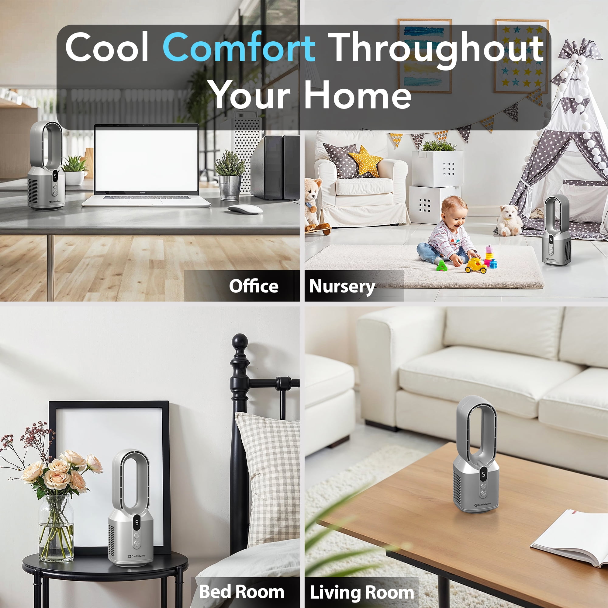 Comfort Zone 14" Rechargeable Bladeless Tabletop Fan, Silver