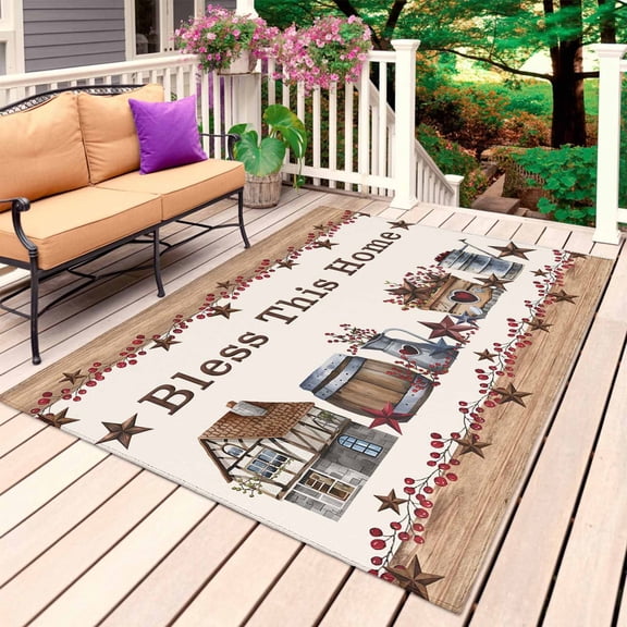 Farmhouse Outdoor Rug for Patio/Deck/Porch, Non-Slip Large Area Rug 5 x 7 Ft, Country Star Barn Berry Brown Wood Plank Indoor Outdoor Rugs Washable Area Rugs, Reversible Camping Rug Carpet Runner