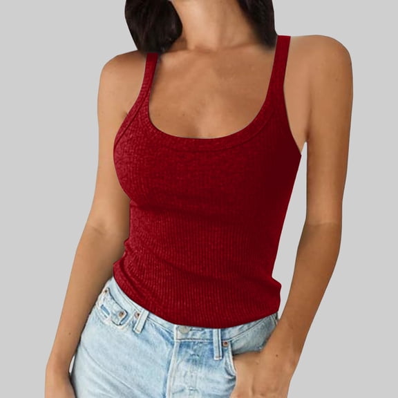 Ulitacool Summer Tank Tops For Women Spaghetti Strap Round Neck Ribbed Slim Fitted Camisole Basic Sleeveless Layering Shirts Leisure Wear Xs Wine