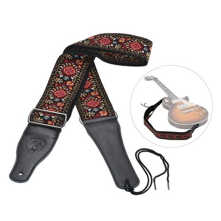 Belt Buckle End High-end Adjustable Guitar Shoulder Strap 6cm/2.4in Wide Nylon Jacquard Belt Lengthen Cow Leather Ends Metal Buckle for Acoustic Folk Classic Electric Guitars Bass ()
