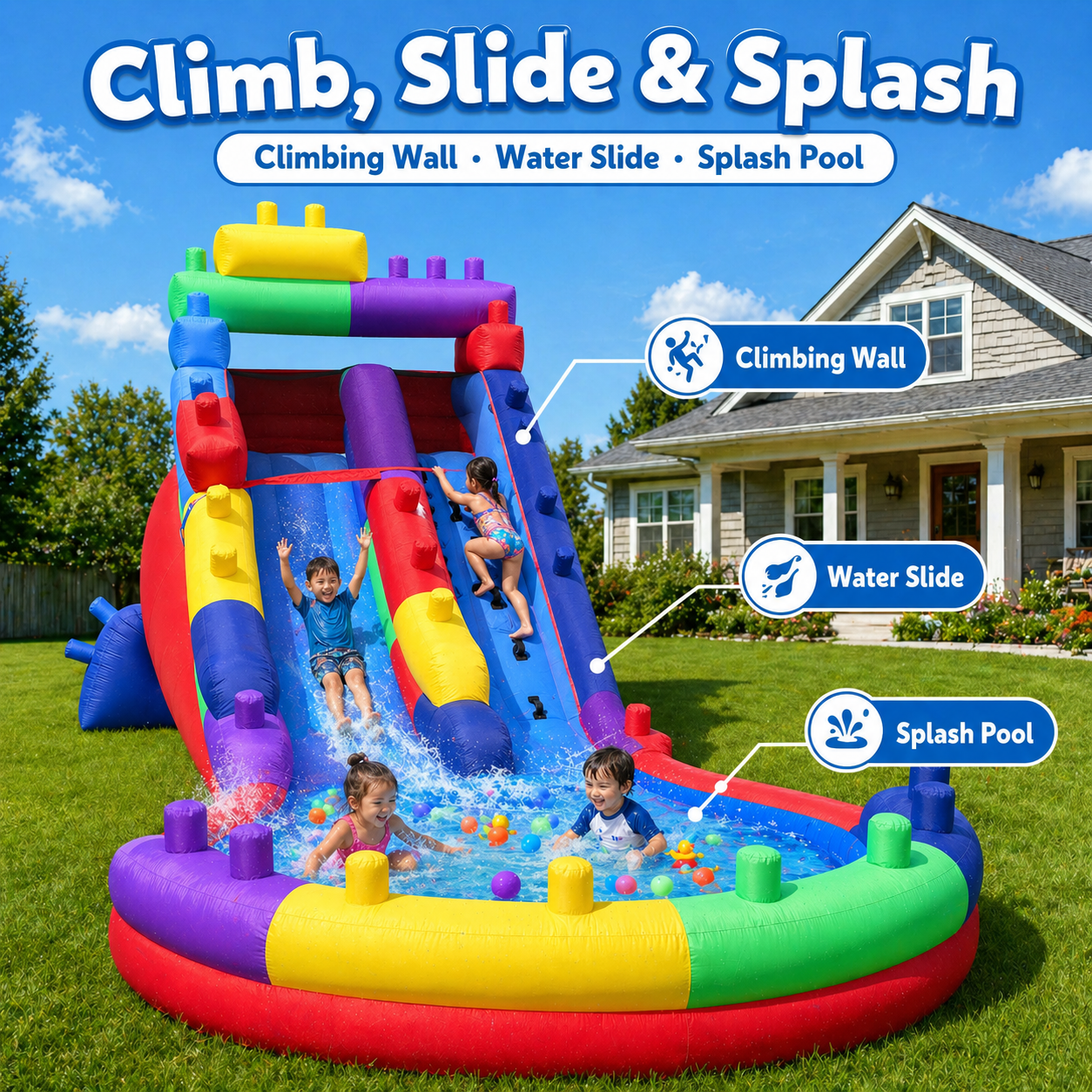 22.5FT Block Party Inflatable Water Slide with Splash Pool , Outdoor Backyard Playset For Kids Birthday Party Summer Outdoor Fun(with Blower)