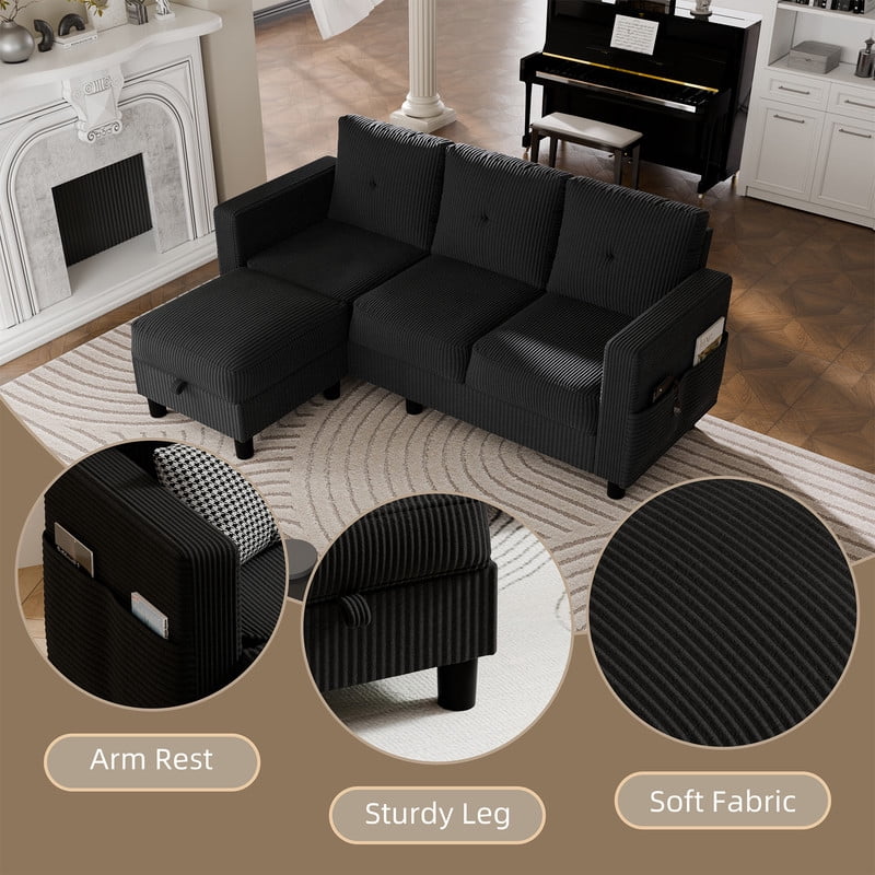 Walsunny 76.4" Convertible Sectional Sofa, L Shaped Sectional Sofa with Side Pocket, 3 Seat Sofa Couch with Storage Ottoman for Small Living Room, Apartment, Bedroom, Black