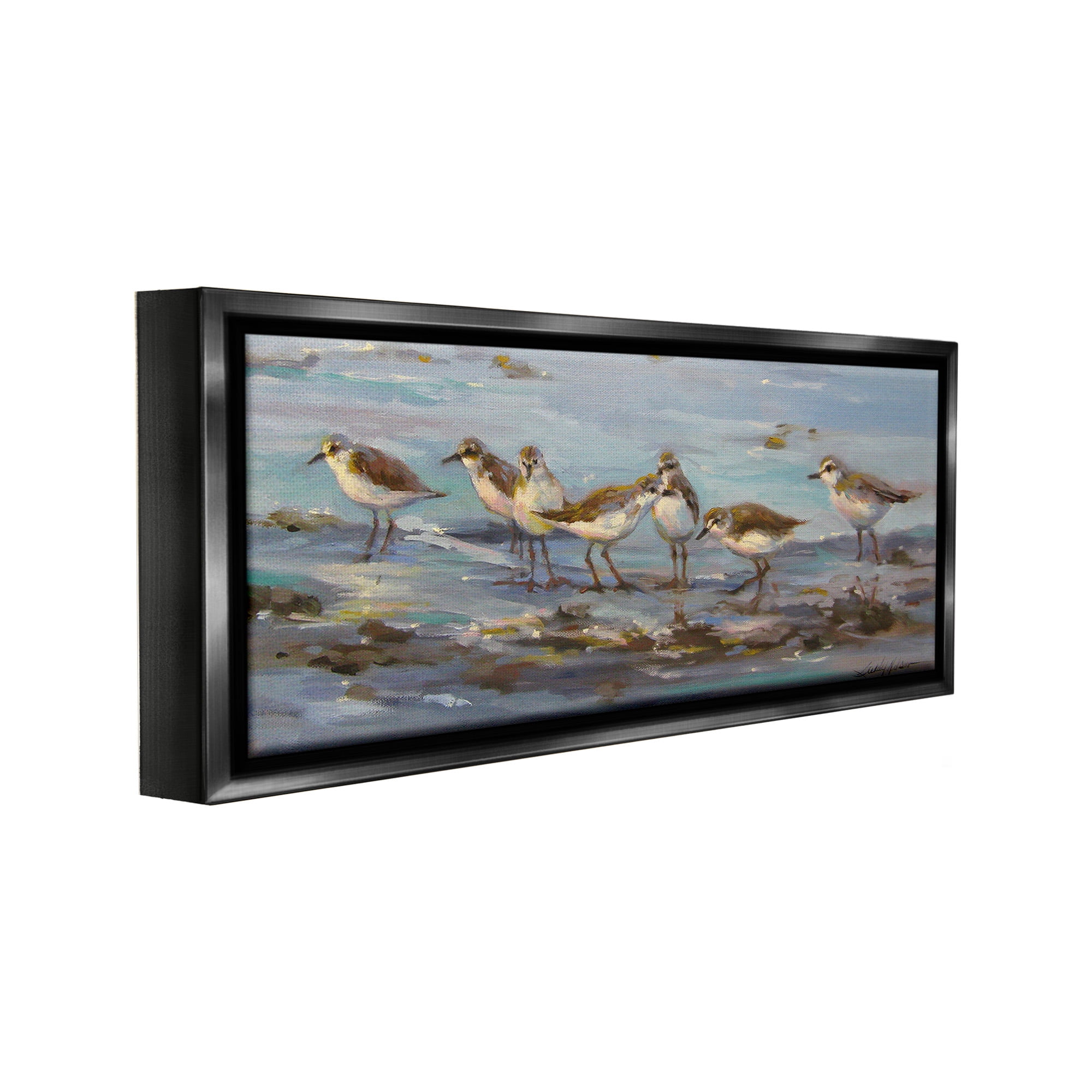 Stupell Industries Sandpiper Flock on Shore Animals & Insects Painting Black Floater Framed Canvas Art Print Wall Art, 25 x 11