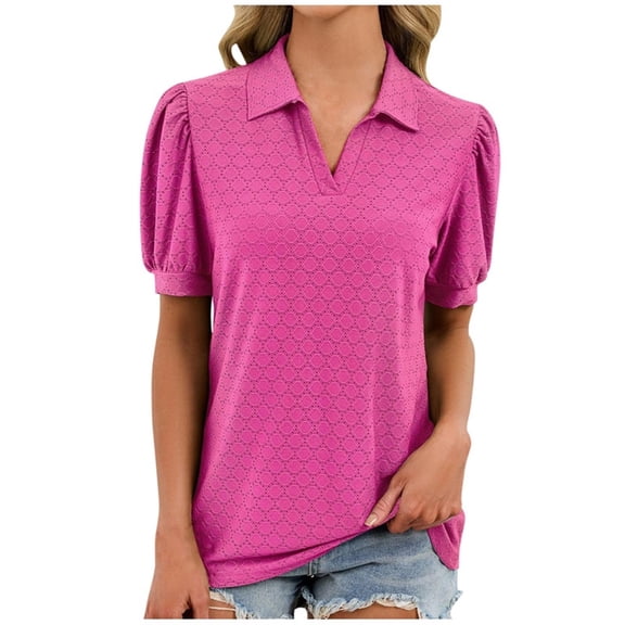 Enjoytime Womens Blouses Solid Color V-Neck Collared Short Sleeve Shirts Summer Trendy Business Casual Tops Hot Pink XL