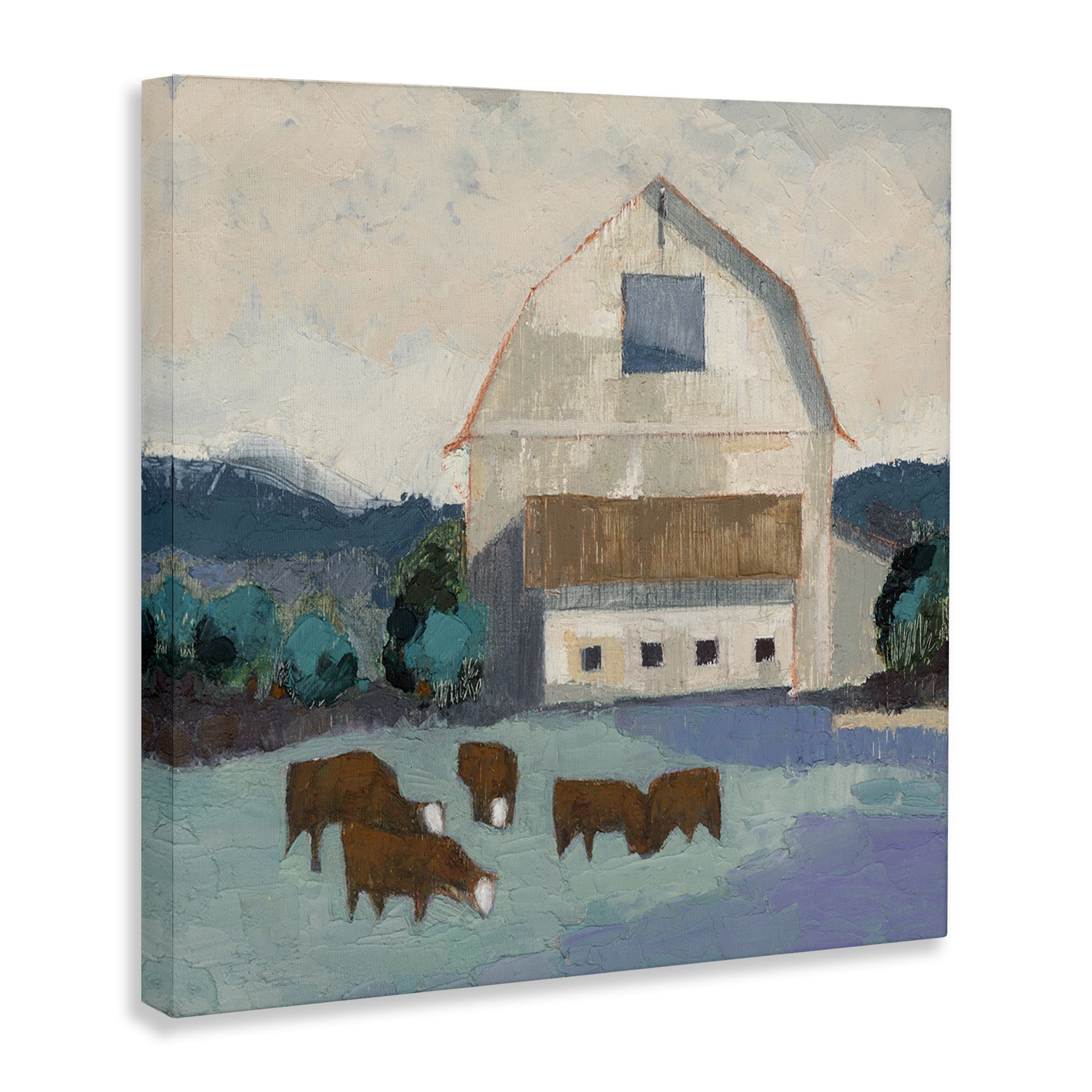 Stupell Industries Barnyard Grazing Cattle Landscape Painting Gallery Wrapped Canvas Art Print Wall Art, 17 x 17